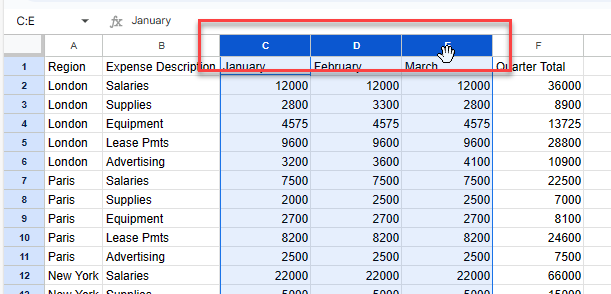 highlight columns gs adjacent