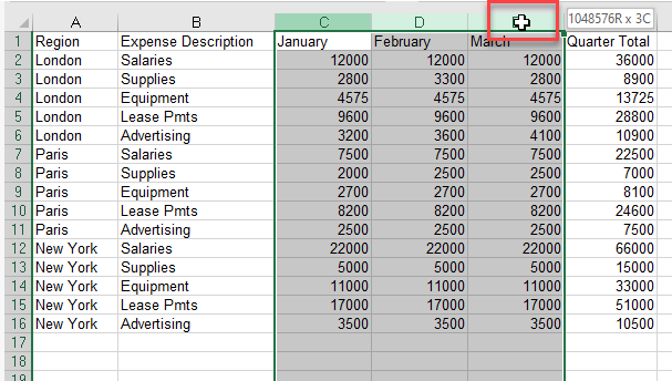 highlight columns select adjacent