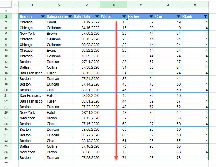 how to sort gs filter blank 